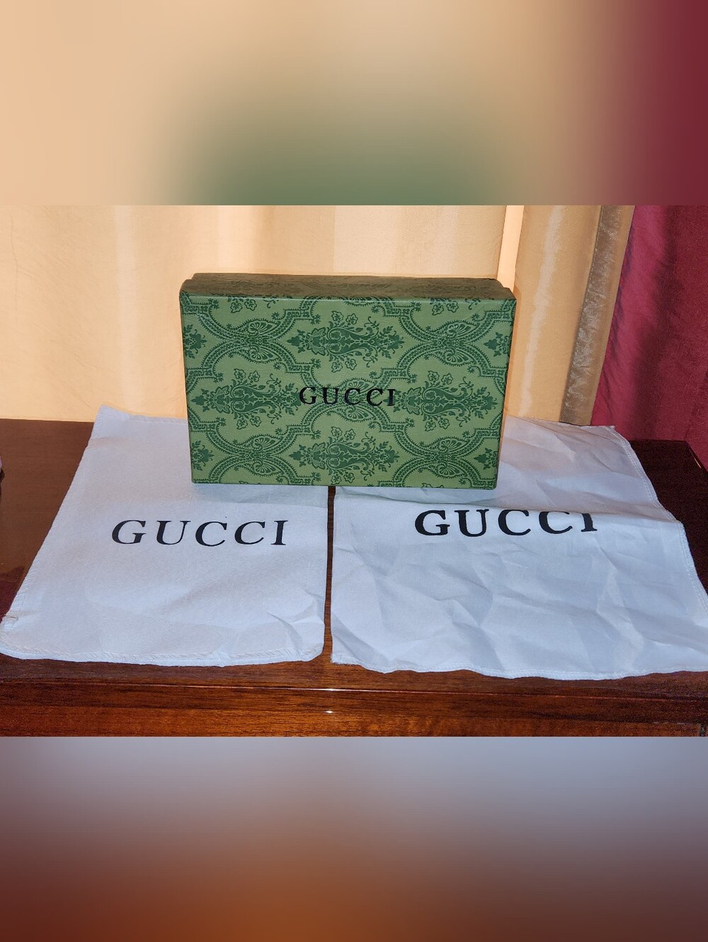 3pcs Gucci Green box and 2 Gucci Logo dust bags